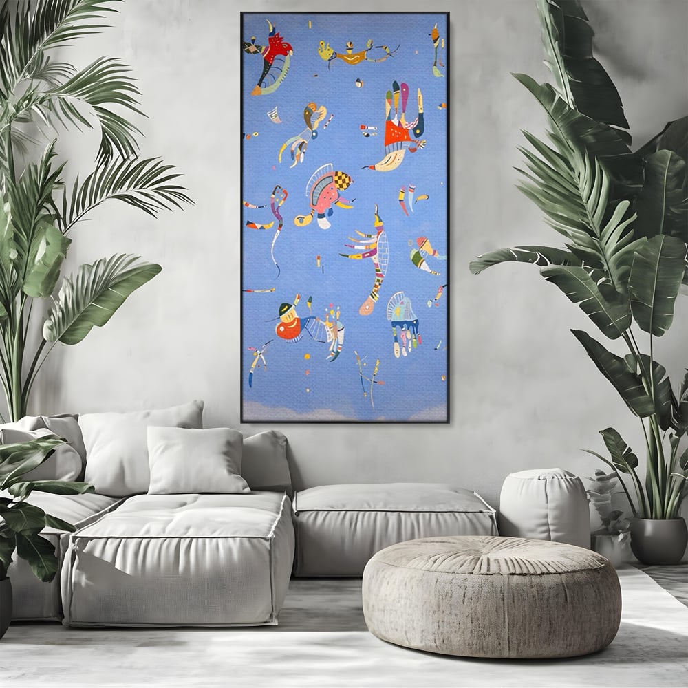 Tablou canvas cu tablou canvas cu animale acvatice stilizate, in rama de aluminiu negru, pe perete intr-un living